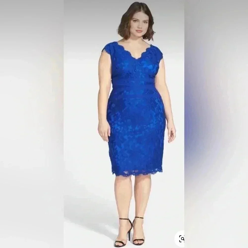 TADASHI SHOJI Dress Embroidered Sheath V Neck Lace Scallop Royal Blue Size 12